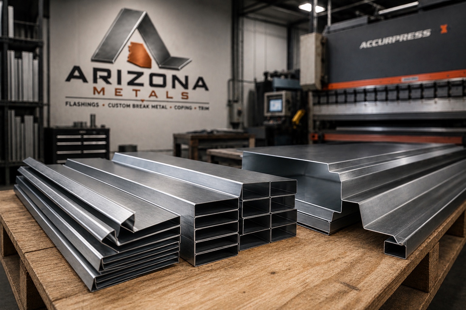 Stacks of brake-formed coping, box profiles, and custom trim on a pallet in the fabrication shop