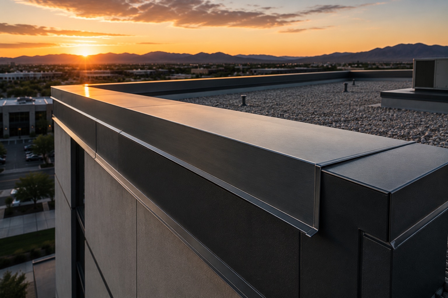 Precision-formed parapet coping on a commercial rooftop at sunset over the Phoenix valley