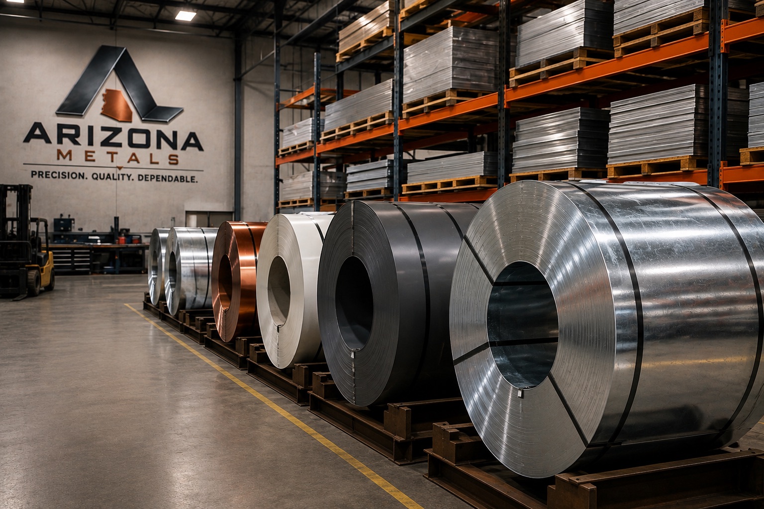 Coils of galvanized steel, copper, and prefinished sheet stocked in the Gilbert warehouse